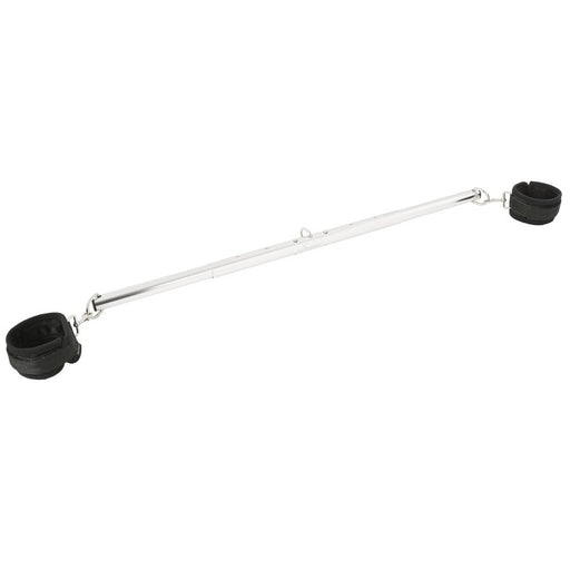 Silver aluminum adjustable spreader bar with black padded cuffs attached at each end on white background