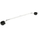 Silver aluminum adjustable spreader bar with black padded cuffs attached at each end on white background
