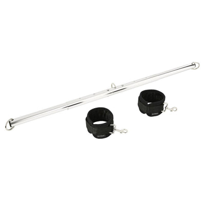 Silver expandable aluminum spreader bar with two black padded adjustable cuffs on white background.