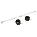 Silver expandable aluminum spreader bar with two black padded adjustable cuffs on white background.