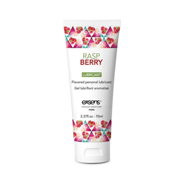 Tube of EXSENS Raspberry flavored water-based personal lubricant with colorful berry design accents.