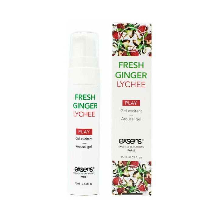 EXSENS Fresh Ginger Lychee arousal gel 15ml bottle with matching box featuring fruit design accents