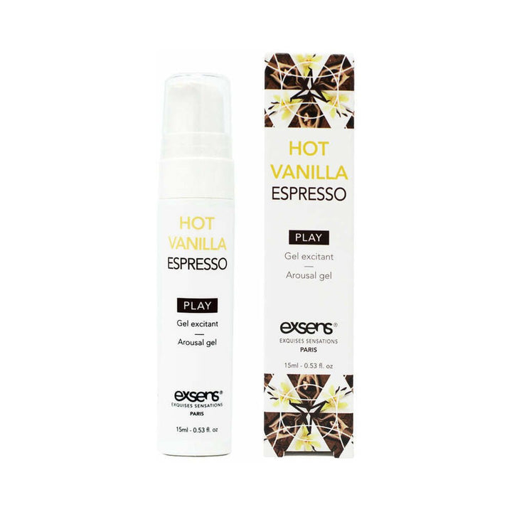 EXSENS of Paris Hot Vanilla Espresso arousal gel 15ml bottle with matching decorative box on white background