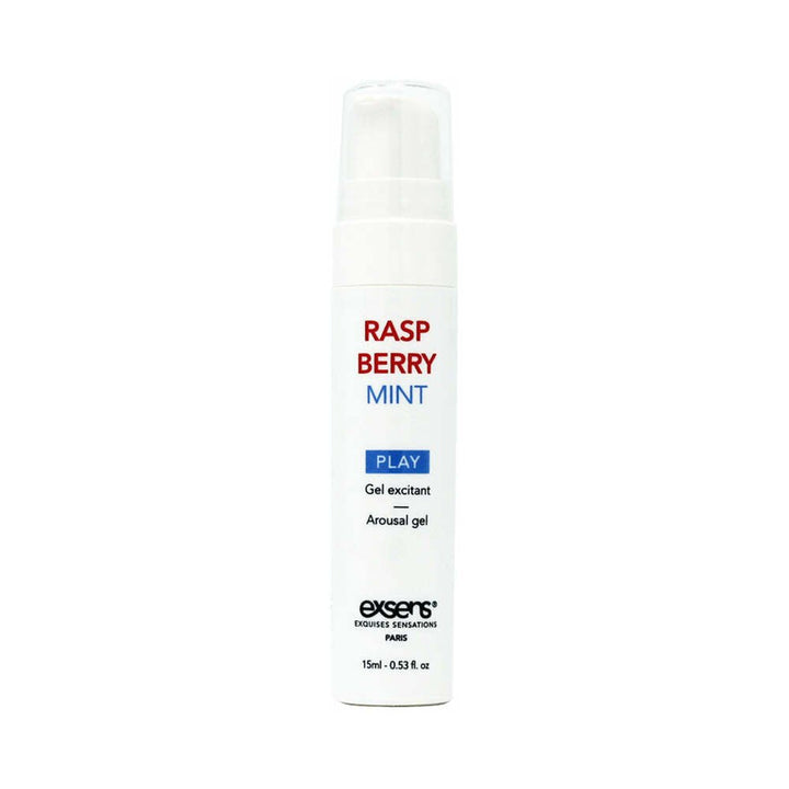 EXSENS of Paris Raspberry Mint arousal gel in a white 15ml pump bottle with red and blue text on label