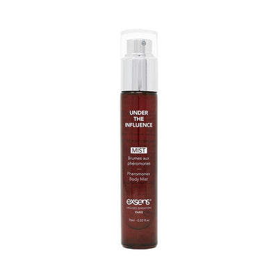 EXSENS of Paris Under the Influence pheromone body mist in a sleek 15 ml dark amber spray bottle with silver cap.