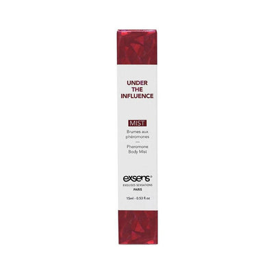 EXSENS of Paris Under the Influence pheromone body mist in a sleek white and red 15ml box packaging.