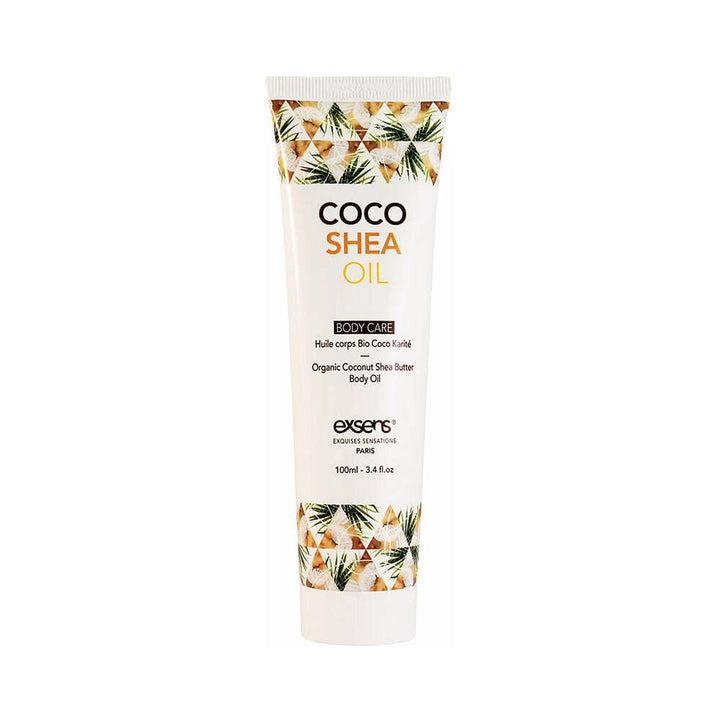 Tube of EXSENS Coco Shea Oil body care with coconut and shea butter design, 100 ml size