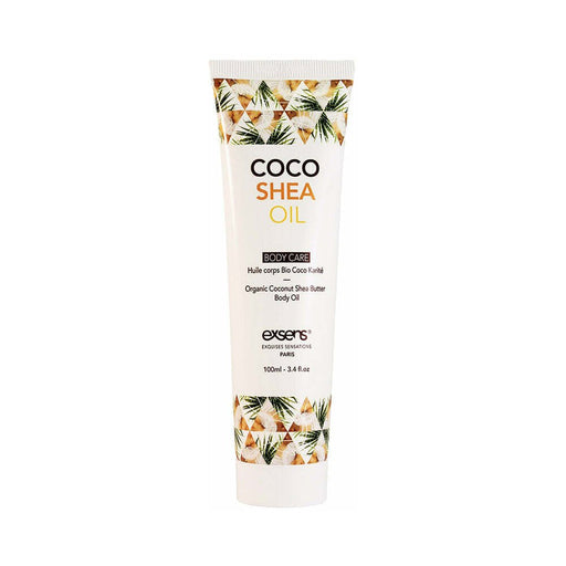 Tube of EXSENS Coco Shea Oil body care with coconut and shea butter design, 100 ml size