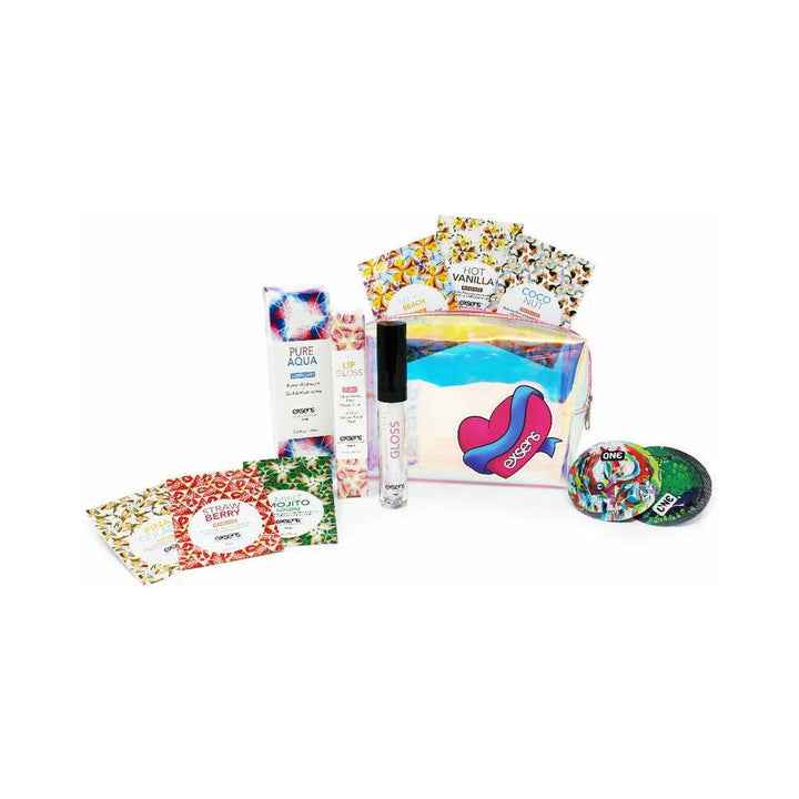 EXSENS of Paris Escape Pleasure Set with iridescent travel bag, water-based lubricant, lip gloss, flavored massage oil packets, and condoms.