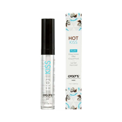 EXSENS Hot Kiss Play Lip Gloss in clear tube with black cap and coconut-themed packaging box.
