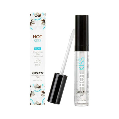 EXSENS Hot Kiss Play Lip Gloss in clear tube with black cap and coconut-themed packaging box.