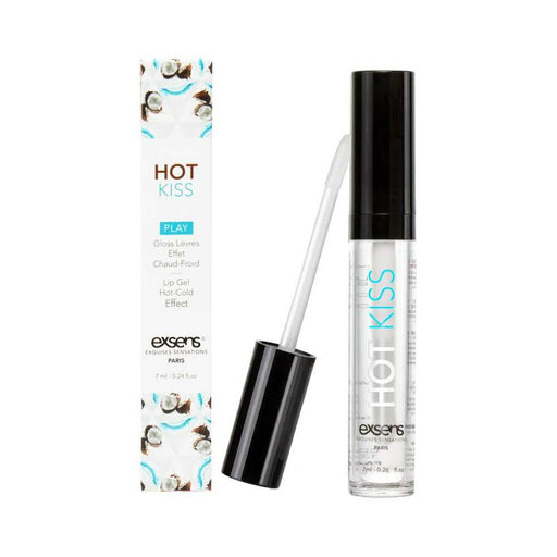 EXSENS Hot Kiss Play Lip Gloss in clear tube with black cap and coconut-themed packaging box.