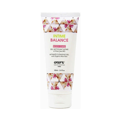 Tube of EXSENS Intime Balance intimate cleansing gel with floral and geometric design, 3.4 oz size
