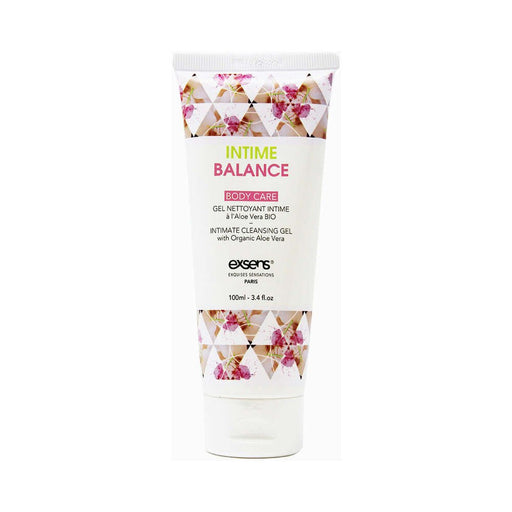 Tube of EXSENS Intime Balance intimate cleansing gel with floral and geometric design, 3.4 oz size