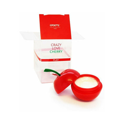 EXSENS Crazy Love Cherry nipple cream in a cherry-shaped red container with clear packaging box on white background
