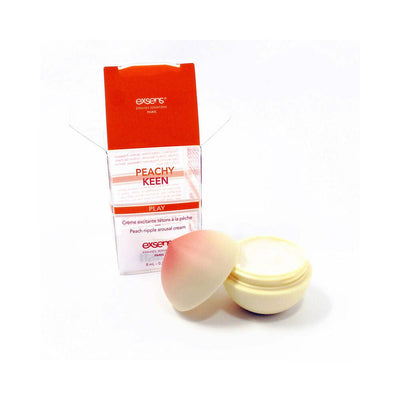 EXSENS Peachy Keen nipple cream with open peach-shaped container and packaging box on white background