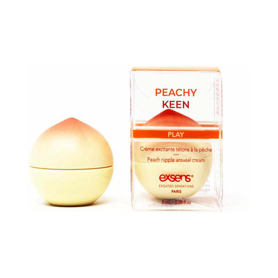 EXSENS Peachy Keen nipple cream in peach-shaped container with clear packaging and orange text, 8 ml size.