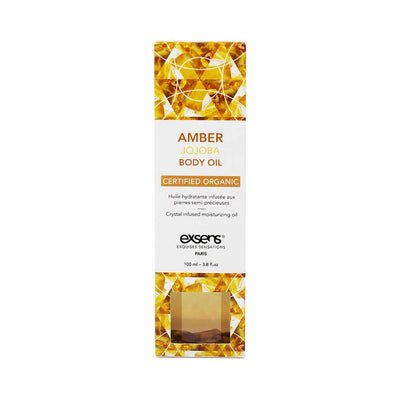 EXSENS Amber Jojoba Certified Organic Body Oil box with amber crystal design and 100 ml size label