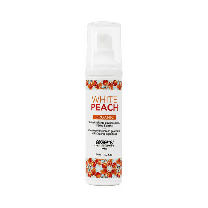 EXSENS Organic White Peach warming massage oil in a 50ml pump bottle with fruit design accents.