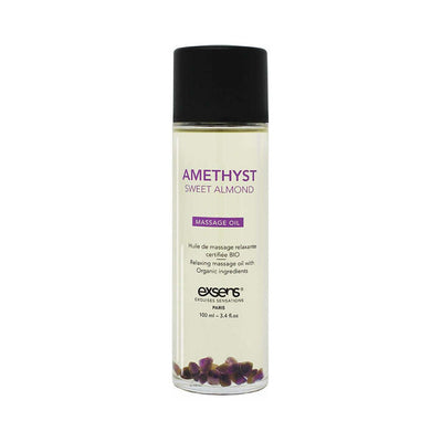 EXSENS Amethyst Sweet Almond organic massage oil bottle with amethyst crystals inside and black cap