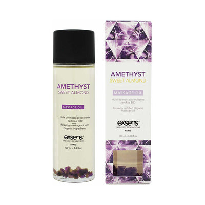 EXSENS Amethyst Sweet Almond organic massage oil bottle with amethyst crystals and matching purple-themed box packaging