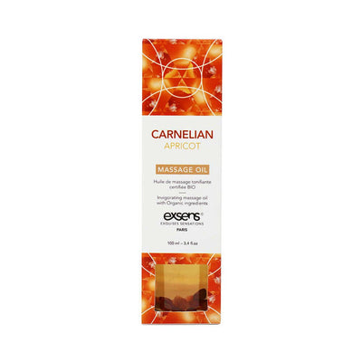 EXSENS Carnelian Apricot organic massage oil box with orange geometric design and crystal window, 100ml bottle inside