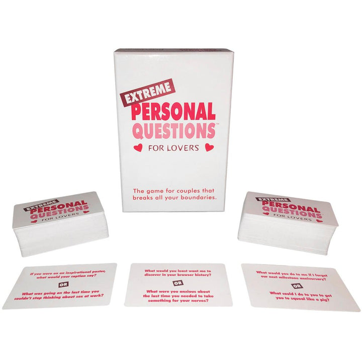 Extreme Personal Questions for Lovers card game box and stacks of cards with sample question cards displayed on white background.