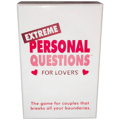 Box of Extreme Personal Questions For Lovers card game with bold red and pink text on white background.
