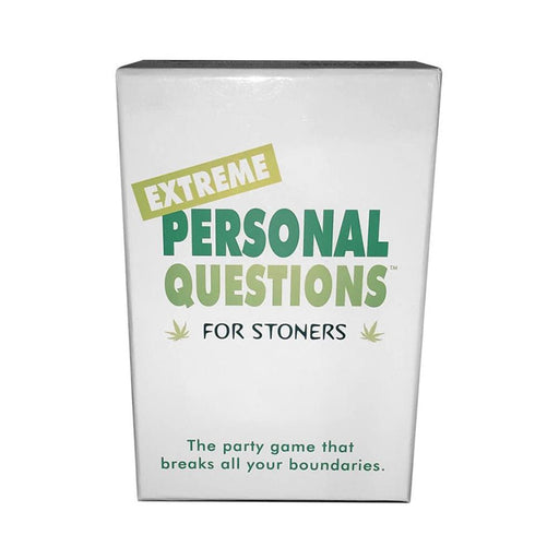 Box of Extreme Personal Questions for Stoners card game with green and gold text on a white background.