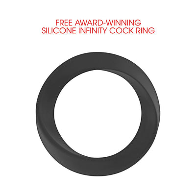 Black silicone infinity cock ring shown on white background with promotional text above.