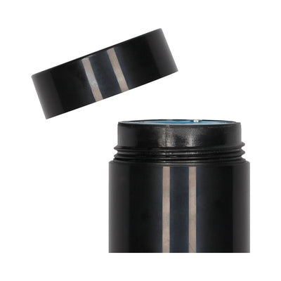 Close-up of the clear rechargeable auto pump with its black screw-on cap removed, showing the threaded opening.