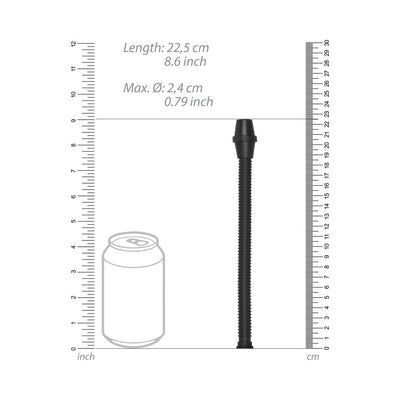 Black flexible hose attachment for an auto pump shown with measurement scales and a soda can outline for size reference.