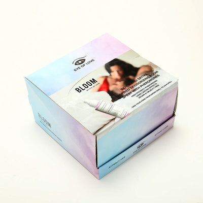 Eye of Love Bloom pheromone room spray 4x4 prepack with testers in pastel gradient cardboard box packaging