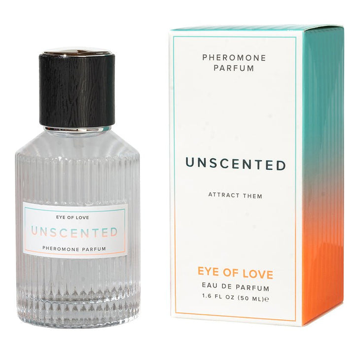 Eye of Love Unscented Pheromone Parfum bottle with black cap next to white and gradient teal-orange box.