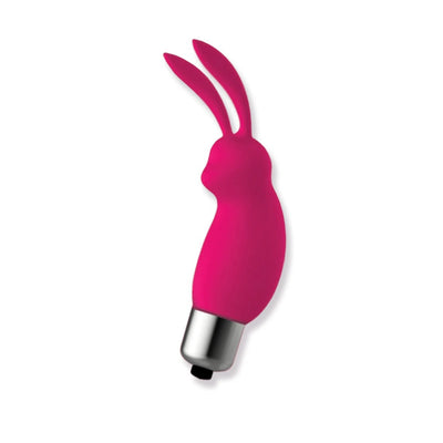 Pink silicone bunny-shaped bullet vibrator with dual ears and metallic base on white background