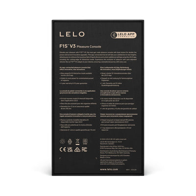Back view of LELO F1S V3 Blue packaging highlighting app connectivity and product features in multiple languages.