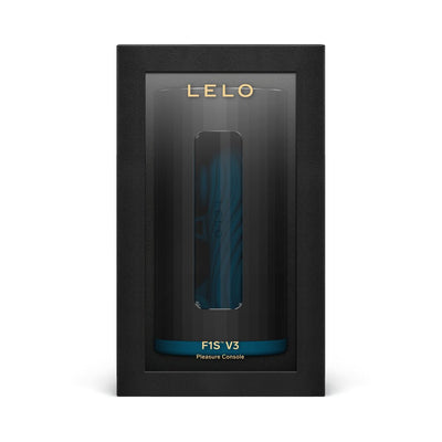 LELO F1S V3 Blue male stroker in sleek black and teal packaging with clear window display.