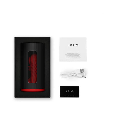 F1S V3 Red male pleasure device in black packaging with USB charging cable, user manual, and warranty card on white background.