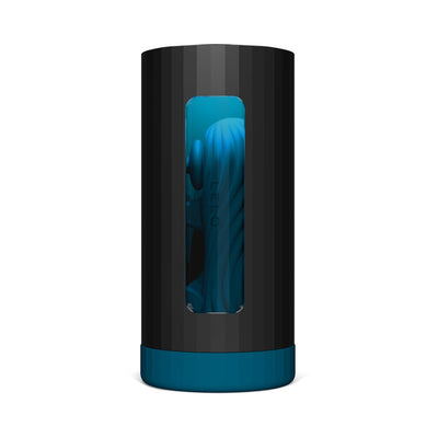 F1S V3 XL male pleasure device in black and blue with a visible textured silicone interior through a front window.