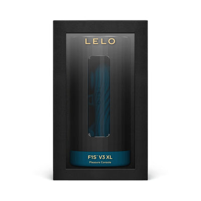 LELO F1S V3 XL male pleasure console in black and blue packaging with gold logo and clear display window.