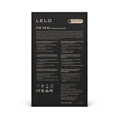 Back view of LELO F1S V3 XL Pleasure Console packaging with product details and app connectivity information.