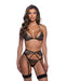 Lace & Mesh Underwire Bra, Thong & Garter Straps w/Gold Chain Detail - Black/Gold XL
