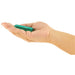 Hand holding a compact teal rechargeable bullet vibrator with a smooth, pointed design.