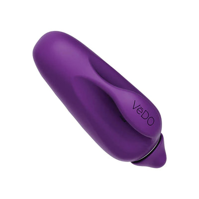 Compact purple silicone finger vibrator with ergonomic grip and VeDO branding on a white background.