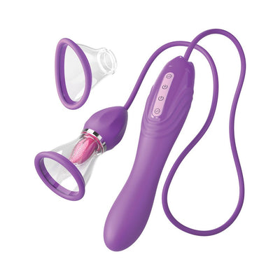 Purple multi-function pleasure device with suction cups, flexible hose, and control buttons for customizable stimulation.