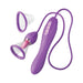 Purple multi-function pleasure device with suction cups, flexible hose, and control buttons for customizable stimulation.
