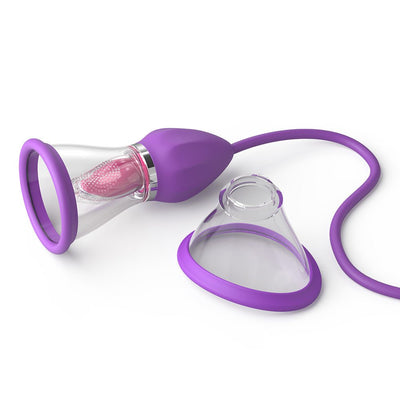 Purple and clear silicone oral and internal stimulator with extra-long hose and two interchangeable suction cups.