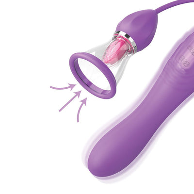 Purple dual-ended pleasure device with suction cup, textured silicone tongue, and curved internal vibrator.