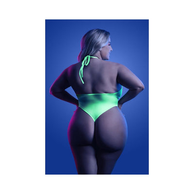 Fantasy Lingerie Glow Nocturnal Keyhole Halter Tie Teddy with Snap Closure Neon Lemon