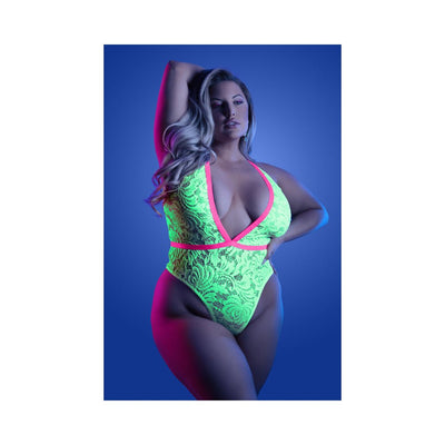 Fantasy Lingerie Glow Spotlight Contrast Elastic Lace Teddy With Snap Closure Neon Green